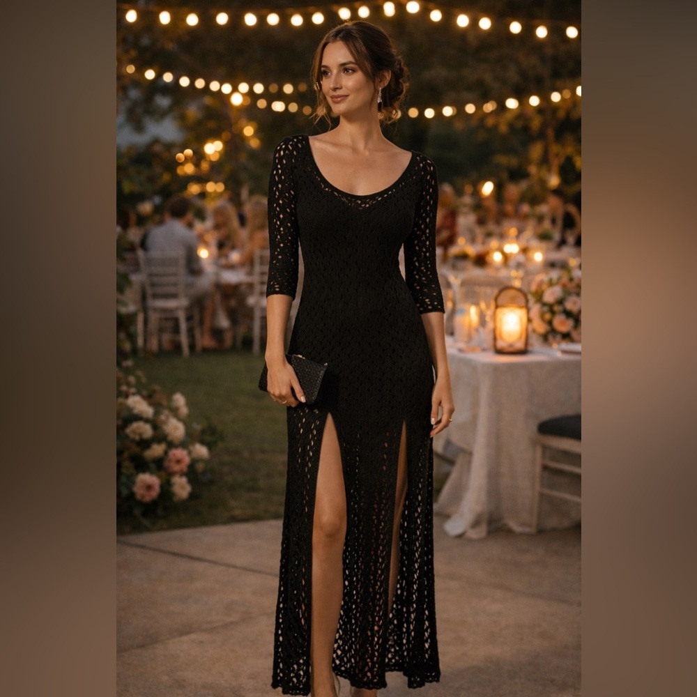 MIMI CHICA Boho Black Crochet Maxi Dress 3/4 Sleeves Sz L Concert Country Classy